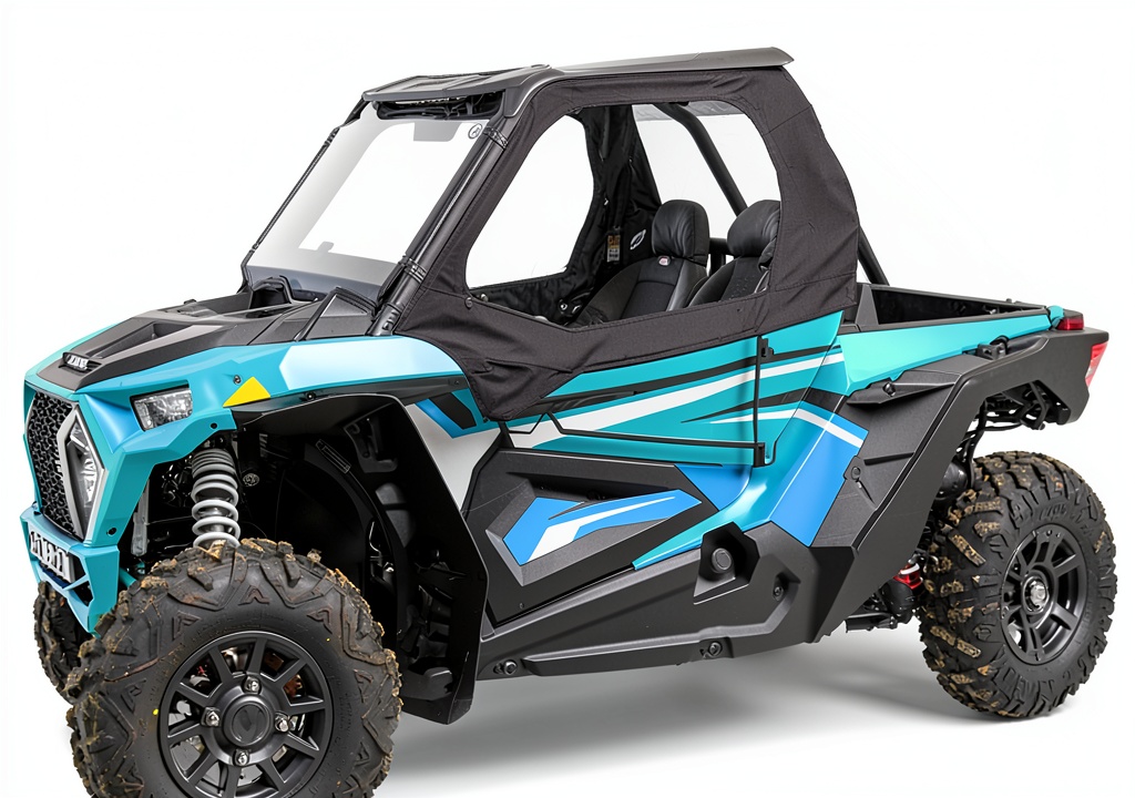 Wofeili upper door set installed on a Polaris RZR in a muddy trail