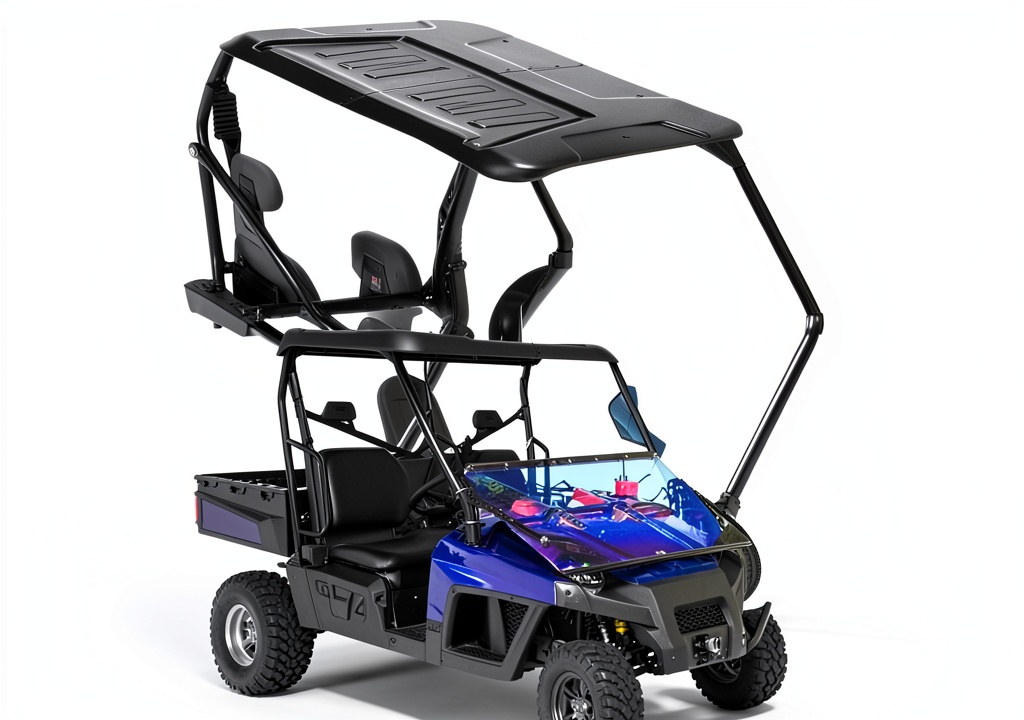 ECOTRIC hard top roof installed on a Polaris Ranger in a forest setting